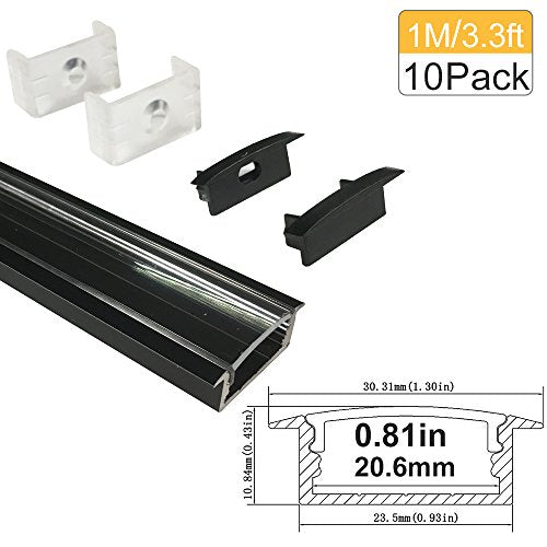 LED Aluminum Channel with Clear Cover, LightingWill 10 Pack 3.3Ft/1M U Shape Recessed mount (Section Size:0.40