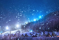 Laeacco 7x5ft Christmas Backdrop Rustic Village Night View Forest Trees Snowing Shining Lights Blue Sky Winter Xmas Photography Backgrounds Children Adults Photo Backdrop Studio