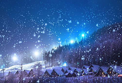 Laeacco 7x5ft Christmas Backdrop Rustic Village Night View Forest Trees Snowing Shining Lights Blue Sky Winter Xmas Photography Backgrounds Children Adults Photo Backdrop Studio