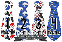 Load image into Gallery viewer, Months In Motion Monthly Baby Tie Stickers - Boy Month Milestone Necktie Sticker - Onesie Month Sticker - Infant Photo Prop for First Year - Shower Gift - Newborn Keepsakes - Hockey
