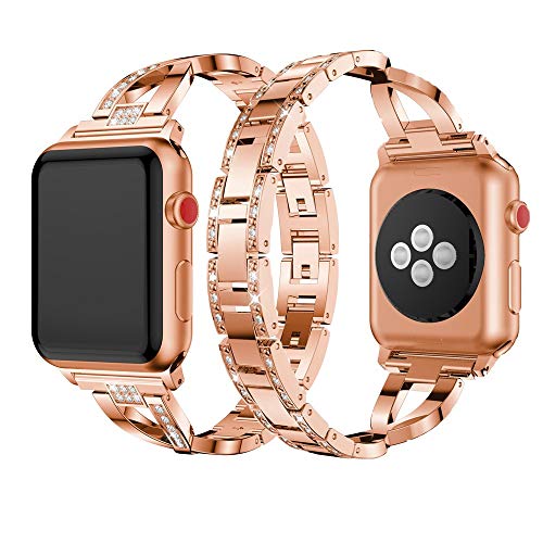 Dassions Metal Bangle Rhinestone Diamond Wristband X-Link Strap for Apple Watch Band 38mm 40mm 41mm Women Iwatch Series 7 6 5 4 3 2 Se (38mm/40mm/41mm Rose Gold)