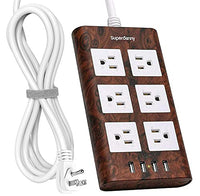 9.8ft 15A Surge Protector Power Strip with USB 14AWG Extension Cord 6 Outlet Flat Plug Fire-Proof with Cable Tie as Bonus for iPhone iPad Computer Home Office Destop Wood Grain SUPERDANNY
