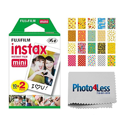 Fujifilm instax Mini Instant Film (20 Exposures) + 20 Sticker Frames for Fuji Instax Prints Emoji Package + Photo4Less Cleaning Cloth  Deluxe Accessory Bundle
