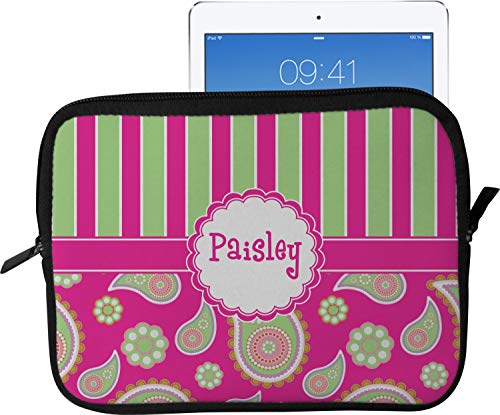 Pink & Green Paisley and Stripes Tablet Case/Sleeve - Large (Personalized)