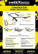 Load image into Gallery viewer, voltX &#39;Constructor&#39; SAFETY READERS (CLEAR +1.5 Dioptre) Full Lens Reading Safety Glasses ANSI Z87.1+ &amp; CE EN166F, Wraparound Style - Includes Safety Cord with headstop - UV400 anti fog coated lens
