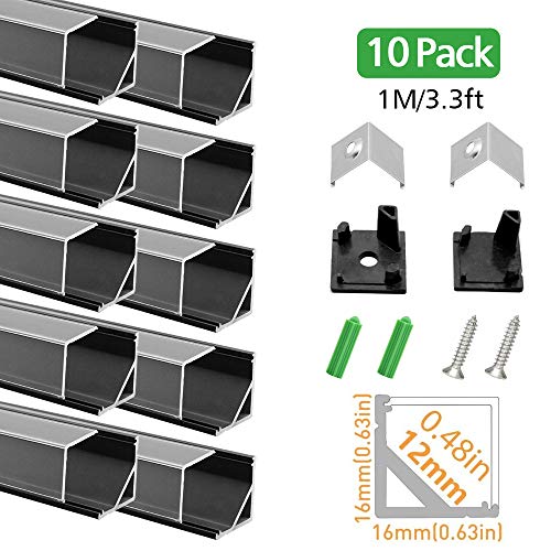 LED Aluminum Channel with Clear Cover, LightingWill 10 Pack 3.3Ft/1M V Shape Corner Mounted (Section Size:0.63