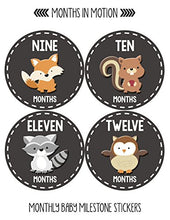 Load image into Gallery viewer, Months In Motion Gender Neutral Baby Month Stickers - Monthly Milestone Sticker for Boy or Girl - Infant Photo Prop for First Year - Shower Gift - Newborn Keepsakes - Unisex - Woodland Animals
