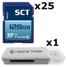 Load image into Gallery viewer, 25 PACK - SCT 128GB SD XC Class 10 UHS-1 Secure Digital Ultimate Extreme Speed SDXC Flash Memory Card 128G 128 GB GIGS (S.F128.RTx25.562) LOT OF 25 with USB SoCal Trade SCT SD Memory Card Reader - Bul
