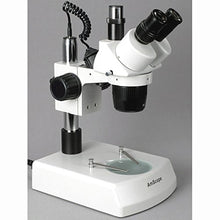 Load image into Gallery viewer, AmScope SW-2T24X Trinocular Stereo Microscope, WH10x Eyepieces, 10X/20X/40X Magnification, 2X/4X Objective, Upper and Lower Halogen Lighting, Pillar Stand, 110V-120V, Includes 0.5x Barlow Lens
