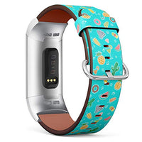 Replacement Leather Strap Printing Wristbands Compatible with Fitbit Charge 3 / Charge 3 SE - Pineapple, Cocktails, Cactus, Icecream Pattern