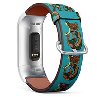 Replacement Leather Strap Printing Wristbands Compatible with Fitbit Charge 3 / Charge 3 SE - Mermaid and Anchor