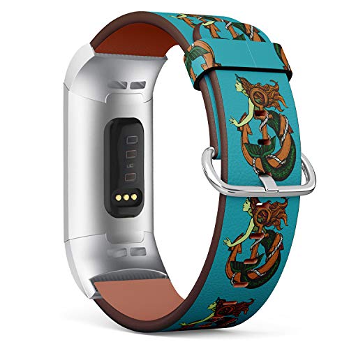 Replacement Leather Strap Printing Wristbands Compatible with Fitbit Charge 3 / Charge 3 SE - Mermaid and Anchor