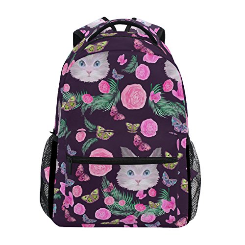 TropicalLife Cute Cat Flower Butterfly Backpacks Bookbag Shoulder Backpack Hiking Travel Daypack Casual Bags