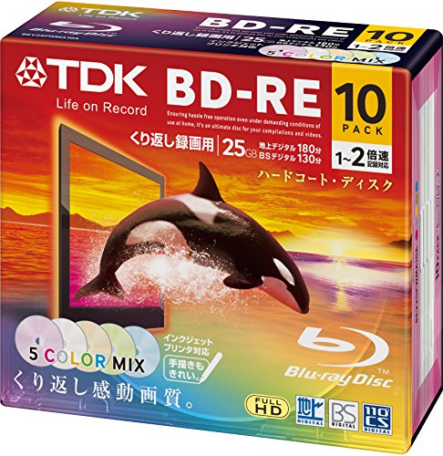 TDK Bluray Disc 25 gb BD-RE rewritable 2x Speed Colorful Printable HD discs 10 pack in Jewel cases