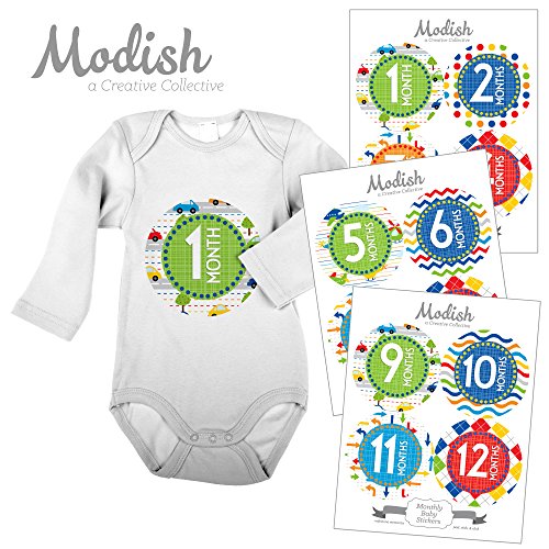 Modish Labels 12 Monthly Baby Stickers, Cars, Transportation, Primary Colors, Baby Boy, New Baby Gift, Baby Book Keepsake