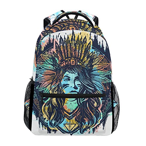 TropicalLife Ethnic Feather Boho Native Indian Woman Backpacks Bookbag Shoulder Backpack Hiking Travel Daypack Casual Bags