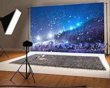 Load image into Gallery viewer, Laeacco 7x5ft Christmas Backdrop Rustic Village Night View Forest Trees Snowing Shining Lights Blue Sky Winter Xmas Photography Backgrounds Children Adults Photo Backdrop Studio
