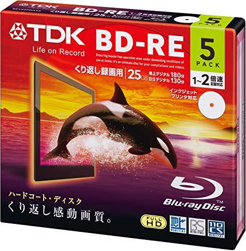 TDK Bluray Disc 25 gb BD-RE rewritable 2x Speed Printable HD discs 5 pack in Jewel cases