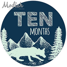 Load image into Gallery viewer, Modish Labels, 12 Monthly Baby Stickers, Baby Month Stickers, Woodland, Bear, Fox, Deer, Forest, Navy Blue, Mint, Baby Book Keepsake, Photo Prop, Baby Shower Gift
