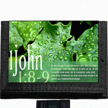 Load image into Gallery viewer, 1 John 1:8-9 Bible Verse Black TriFold Nylon Wallet Great Gift Idea
